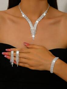Fashionable Bridal Jewelry Set - Rhinestone Necklace, Earrings, Bracelet, Elastic Ring (Multiple Styles Available For Mix And Match) - Gold - View 18
