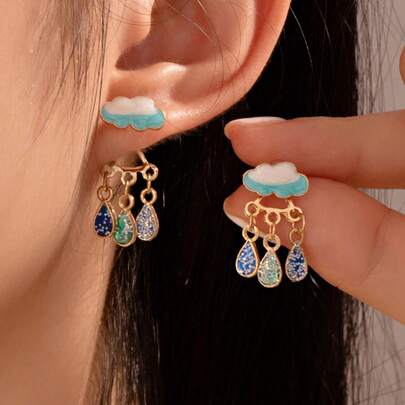 1 Pair Fashionable Cute New Oil Drop Cloud Raindrop Tassel Earrings For Girls