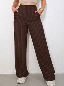 LIN SERVIÇOS, REF: H932 - Women's Striped High-Waisted, Wide-Leg Trousers, Ideal For Casual And Formal Looks. Lightweight, Stylish And Elegant, They Offer Comfort And Sophistication For Various Occasions. - 巧克力棕 - 查看 1