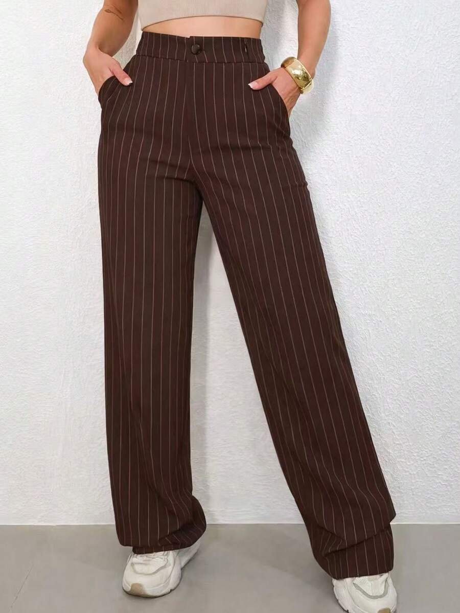 LIN SERVIÇOS, REF: H932 - Women's Striped High-Waisted, Wide-Leg Trousers, Ideal For Casual And Formal Looks. Lightweight, Stylish And Elegant, They Offer Comfort And Sophistication For Various Occasions. - 巧克力棕 - 查看 1