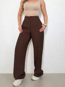 LIN SERVIÇOS, REF: H932 - Women's Striped High-Waisted, Wide-Leg Trousers, Ideal For Casual And Formal Looks. Lightweight, Stylish And Elegant, They Offer Comfort And Sophistication For Various Occasions. - 巧克力棕 - 查看 4