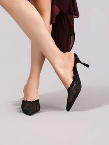 Giày cao gót hở gót ren thêu thời trang, giày dự tiệc mũi nhọn gợi cảm, sandal cao gót màu đen thoáng khí dễ xỏ. - màu đen - Xem 9
