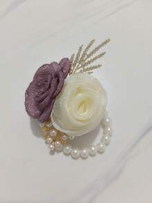 1件装女士腕花，伴娘，新娘，婚礼派对，人造绿色玫瑰和向日葵手链，舞会，派对，婚礼配饰 - 431-豆沙紫+米 - 查看 3