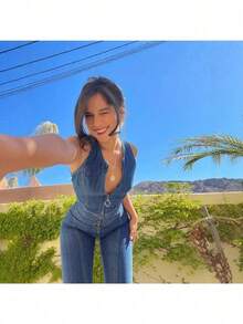 Backless Heart Cutout Jumpsuit For Women Summer Blue Sleeveless Slim One-Piece Outfits Retro Denim Jumpsuits - Màu xanh lam - Xem 4