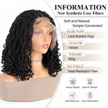 14 Inches Bohemian Braided Wig Full Lace Handmade Short Dreadlock Braided Locs Wig Flame Retardant Synthetic Hair, Bohemian Double Full Lace Handmade Braided Wig For Women, Christmas, Daily Use - Black - View 4