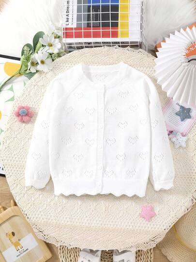 Girls' Spring/Summer Lace Design + Perforated Heart Pattern Knit Cardigan, Elegant And Suitable For Outings Or Gatherings