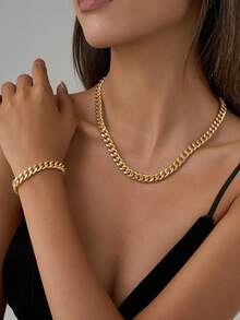 Nooxian 1 Set Women's Accessories, Shiny & Elegant Fashion Niche High-End Design, Minimalist Hip-Hop Exaggerated Thick Chain Necklace Bracelet Jewelry Set, Suitable For Women's Daily Wear - Yellow Gold - View 1