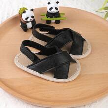 1雙男童純色pu魔術貼扣扁平涼鞋,適合春夏季節