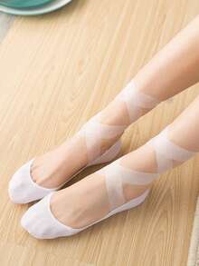 1 đôi tất nữ buộc dây ruy băng, kiểu dáng nông, mỏng, chống trơn trượt, thoáng khí, thấm hút mồ hôi, không lộ tất. - trắng - Xem 4