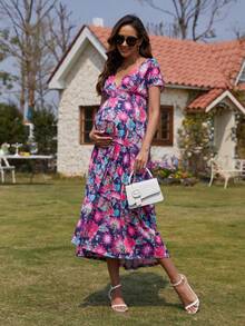 KUYIGO Women's Summer Long Dress, Casual Bohemian Style Floral Print V-Neck Short-Sleeved Pleated Ruffle Chiffon Beach Maxi Dress - Nhiều màu - Xem 8