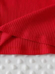 2pcs Baby Girls Summer Ribbed Contrast Lace Sleeveless Cherry Embroidered Top And White Butterfly Print Skirt Set - Red - View 5