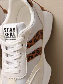 女士轻便跑步鞋 - 系带设计，多功能平底，透气面料和人造革材质 - 豹紋灰 - 查看 6