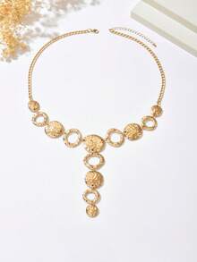 1 件复古夸张时尚锤纹几何圆形拼接 Y 形流苏长项链，奢华几何多不对称圆形链接金色毛衣链项链配饰，适合女性日常、宴会、派对穿着 - 金色 - 查看 4