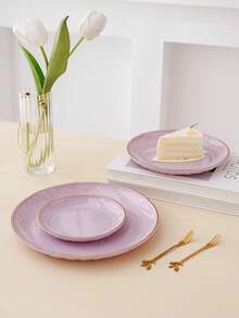 1pc New Luxury Round Gold-Rimmed Tray, Multi-Purpose Cake/Snack/Fruit Serving Platter, Bone Dish Holder - Mauve Purple - View 5