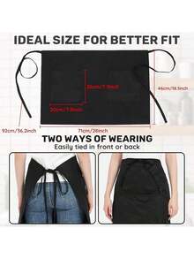 3 Piezas Delantales Corto de Cintura con 3 Bolsillos, Impermeable Chef Delantal Negro para Hombres y Mujeres, Delantal de Cocina Camarero Ajustable para Restaurante Cafetería - Negro - 70x46 cm - Ver 3