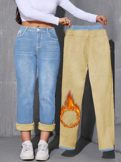 Women's Plus Size Thermal Lined Straight Pants - Mid-Rise Winter Warmth & Everyday Style