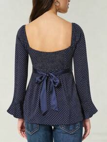 Women Fairy Grunge Y2k Babydoll Shirt Long Flare Sleeve Polka Dot Tie Back Flowy Preppy Tees Top Backless Square Neck Vintage Aesthetic Blouse - 藏青色 - 查看 2