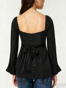 Women Fairy Grunge Y2k Babydoll Shirt Long Flare Sleeve Polka Dot Tie Back Flowy Preppy Tees Top Backless Square Neck Vintage Aesthetic Blouse - 黑色 - 查看 2