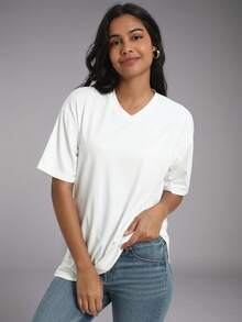 Women's Solid Color V-Neck Sports T-Shirt White Summer - White - View 6