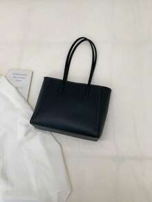 时尚纯色丝巾装饰PU手提包，大容量通勤复古简约单肩包，百搭手提包，适合女性 - 黑色 - 查看 9