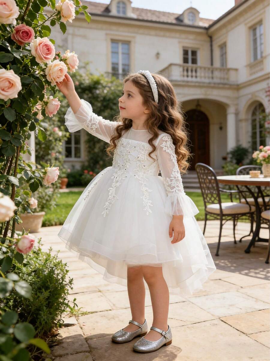 Girls Elegant Lace Patchwork Trailing Princess Dress, Flower Girl Pageant Gown, Wedding Party Performance Dress - White - View 1
