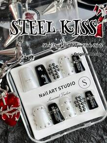 10片装手工朋克风亚克力美甲套装，中号方形假指甲，透明指甲，纯白法式甲片，美甲，重金属朋克风格，十字架和回形针元素，各种铆钉和透明白色，高端性感少女风美甲用品手工按压式指甲 - 彩色 - 查看 14