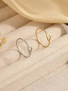 1pc/2pcs Stainless Steel Minimalist Golden/Silver Heart Shaped Rings, Suitable For Teenagers Daily Wear Or Gift - Multicolor - View 2