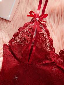 2pcs/Set Valentine's Day Surprise Gift Floral Lace Sexy Lingerie Set - Adjustable Sheer Bow Bra And Breathable Open Crotch Panties, Romantic Women's Underwear - Burgundy - View 4