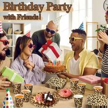 10件套豹纹纸盘、餐巾纸和纸杯，棕色猎豹图案生日餐具，适合野生动物豹子主题生日派对装饰 - 彩色 - 查看 6