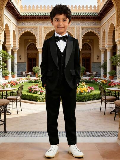 Bộ vest 3 món cho bé trai, trang phục dự tiệc cưới trang trọng mới cho bé trai, trang phục biểu diễn cho trẻ nhỏ và trẻ lớn, bao gồm áo blazer, quần tây và nơ đeo cổ.