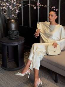 Set 2 buc. Ținută elegantă pentru femei, model vintage de monede, cu textură satinată, pentru naveta și casual, model vintage - Caisă - Vizualizare 5