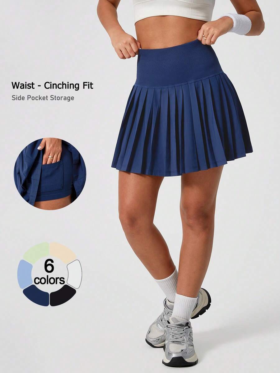 Leorrey 1 chiếc váy ngắn nữ không đường may, thoải mái, màu trơn, cạp cao, chống hở hang, xếp ly, thích hợp cho tennis, chạy bộ, tập luyện, mùa hè - Màu xanh hải quân - Xem 1