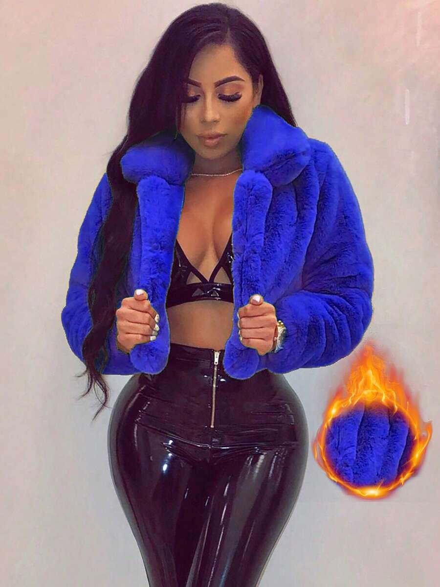Loose Solid Color Fuzzy Cropped Jacket, Autumn/Winter Casual - Blue - View 1