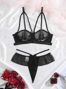 Fashionable French Charm Hollow Design, Sexy Mesh Sheer Black Bra, Alluring Semi-See-Through Lingerie With Low-Waist Thong - Black - View 2