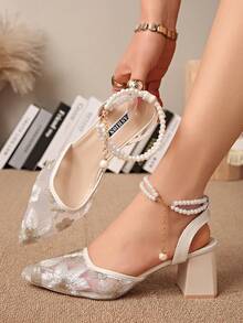 新款中国风白色高跟穆勒鞋，尖头蕾丝刺绣套脚凉鞋，女士款 - 米色 - 查看 2