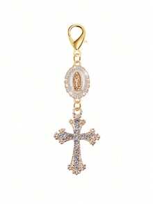 1pc Christian Charm Keychain, Decorated With Religious Cross, Pearl And Diamond Charms - Cross Keychain, Bag Charm, Cross Pendant, Decorative Wallet Backpack Accessory, Earphone Case Accessory, Keyring With Clasp For Luggage And Car - Single Jewelry Piece, Inlaid With Pearl, Diamond And Romantic Elements