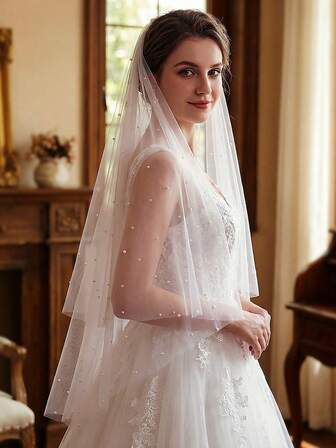 1pc Double Layer Pearl Bridal Veil With Comb, Classic Minimalist Design For Women Wedding Dress Accessories