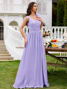 MIUSOL Robe de soirée longue en mousseline de soie avec encolure en cœur, volants, fente et dentelle fleurie pailletée. Robe de cérémonie formelle, convient pour les invités de mariage, les cérémonies de remise de diplômes, les dîners de gala et autres occasions - Parme - Voir 7