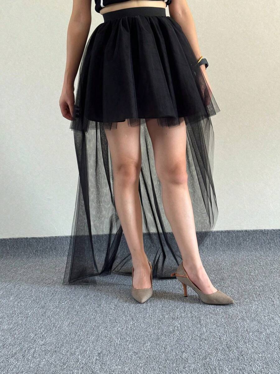 Women's High Low Mesh Net Lace Overlay Maxi Skirt