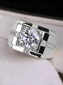 1枚奢华立方氧化锆宽边戒指，高端派对饰品，铜材质，不褪色且低过敏性，适合作为节日礼物 - 銀色 - 查看 11