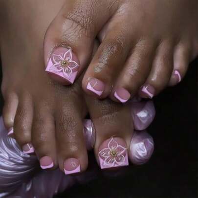 24 Pcs Purple-Pink French Press On Toenails Acrylic Pink Fake Toe Nails 3D Flowers Charms Design Full Cover Glossy False Nails Glue On Stick On Nails For Ma'am