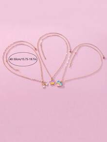 Set de 3 collares con colgante de corazón arcoíris y diseño de gota de aceite de aleación para niñas y adolescentes, cadena para la clavícula, joyería de regalo (sin cartón) - Multicolor - Ver 4
