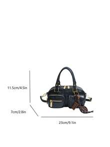 女士复古纯色PU皮革单肩包，多口袋大容量，配有可拆卸吊坠 - 黑色 - 查看 9