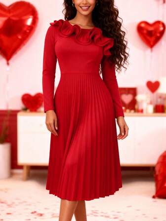 AOMEI Women Valentine Red Ruffled Pleated Elegant Midi Dress A Line Wedding Guest Cocktail Party