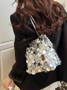 1pc Shiny Lightweight Durable Large Capacity Women's Crossbody Bag, Fashion Versatile Party Bucket Bag, Suitable For Party, Travel, Evening Events - Silver - View 3