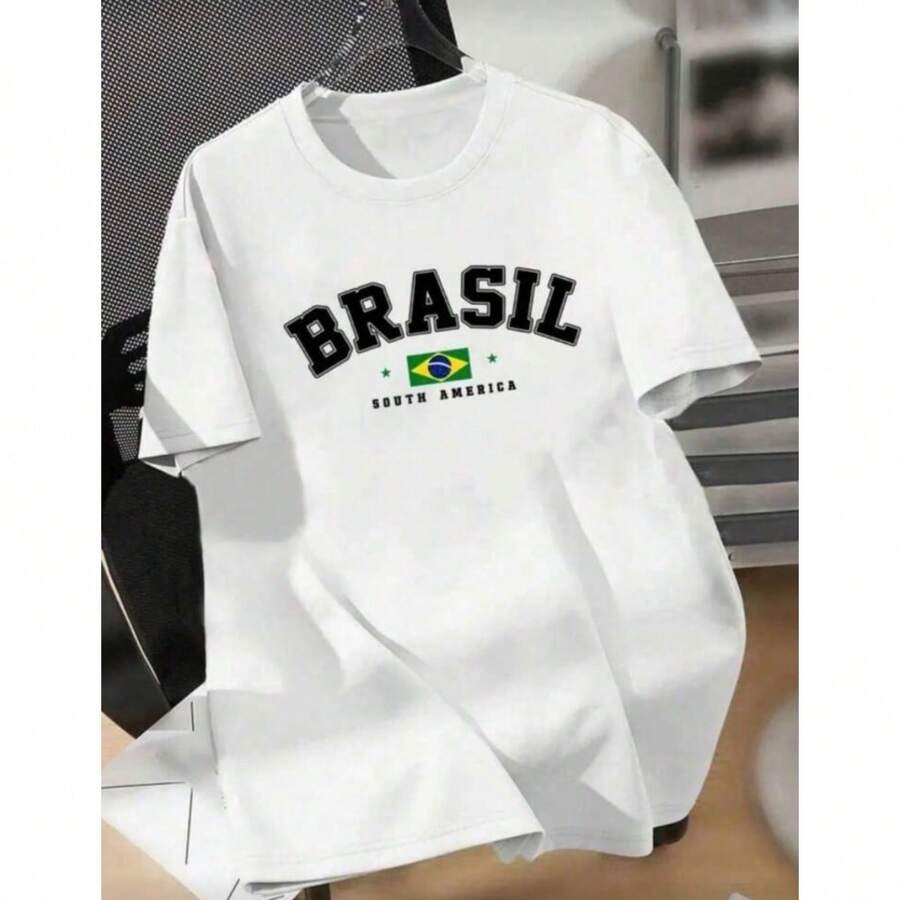 Camiseta Masculina Brasil Estampada 100% Algodão – Estilo Casual Verão - Branco - Visão 1