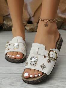 女士圆头蝴蝶结水钻搭扣平底鞋，时尚优雅简约套脚舒适休闲/工作/派对凉鞋 - 米色 - 查看 3