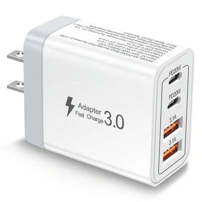 1个2A2C接口USB-C插头快速充电器，40W 4端口多USB充电适配器插头（美规插头）双端口PD电源适配器+QC墙式充电器，多端口交流电源Type-C充电插头，适用于多人充电、多设备充电、家庭充电需求和办公桌使用，多端口快速充电