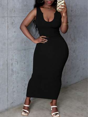 LovelyWholesale 女士休闲纯色日常百搭翻领背心上衣搭配长款半裙套装，夏季女装