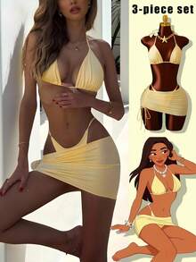 3件套 SS26 新款女士比基尼套装，优雅性感聚拢三角沙滩装，时尚复古风，浅黄色泳衣沙滩套装，女士夏季派对沙滩装 - 淡黃色 - 查看 4